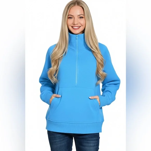 Zenana Half Zip Fleece Sweatshirt with kangaroo Pocket - Picture 2 of 4
